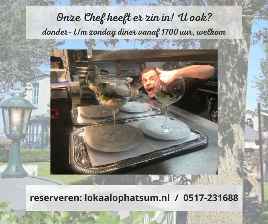 Kom vandaag, morgen of later genieten van een heerlijk ‘Diner du Chef’. Onze chef-kok, Jordi Talman, heeft een menu samengesteld met de meest verrukkelijke gerechten en ingrediënten welke het Friese land ons dit moment heeft gegeven.